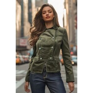 Talbots Velvet Green Blazer Size 4P Military Style Flared Long Sleeve Peplum EUC